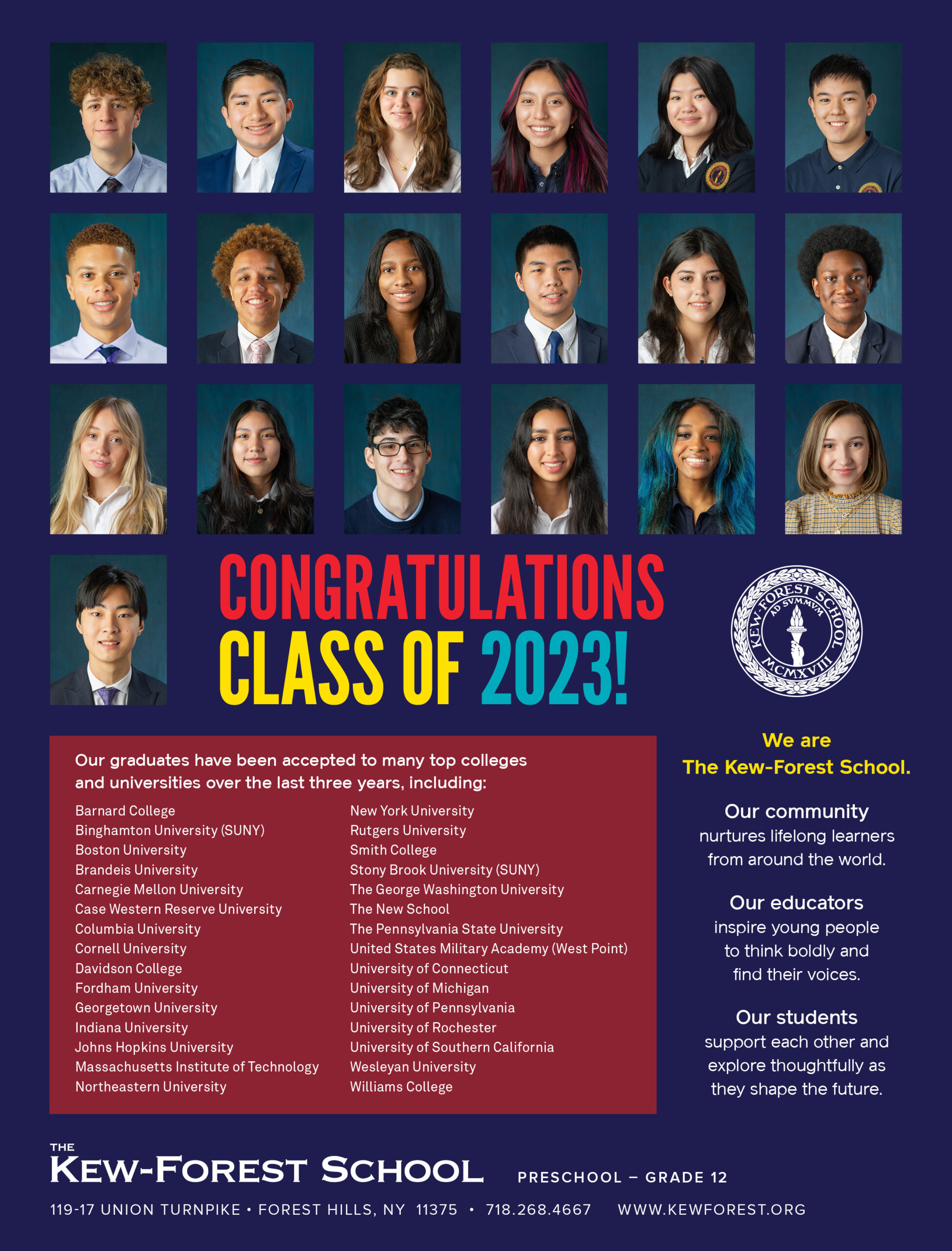 Class of 2023 Graduates from The Kew-Forest School Accepted to Top Colleges  and Universities